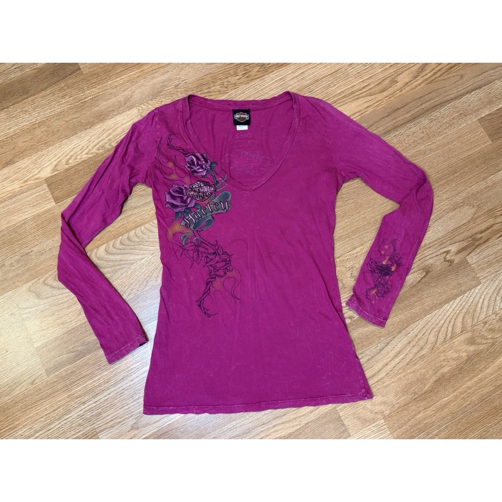 Harley Davidson Women's Long Sleeve V-neck Shirt Sz XL Pink Y2K Doc's Wisconsin
